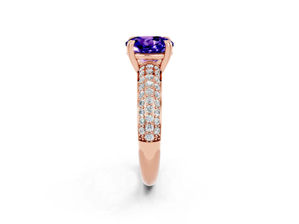 Rose gold Round Cut Tanzanite Solitaire Ring with Multi-Row Round Pavé Band and Prong Setting