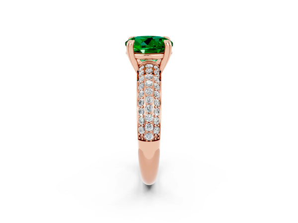 Rose gold Round Cut Emerald Solitaire Ring with Multi-Row Round Pavé Band and Prong Setting