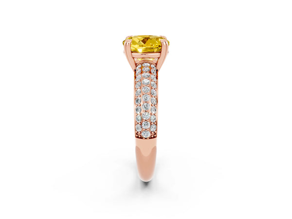 Rose gold Round Cut Yellow Sapphire Solitaire Ring with Multi-Row Round Pavé Band and Prong Setting