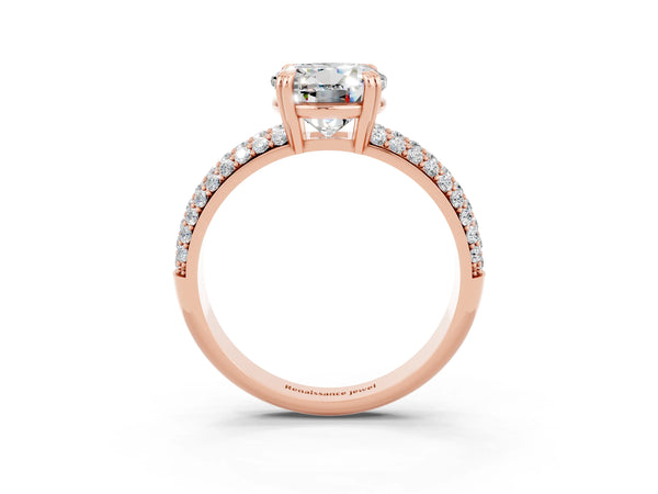 Rose gold Round Cut Moissanite Solitaire Ring with Multi-Row Round Pavé Band and Prong Setting