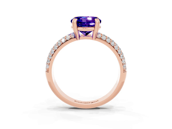 Rose gold Round Cut Tanzanite Solitaire Ring with Multi-Row Round Pavé Band and Prong Setting