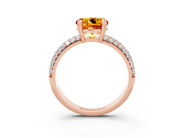 Rose gold Round Cut Citrine Solitaire Ring with Multi-Row Round Pavé Band and Prong Setting