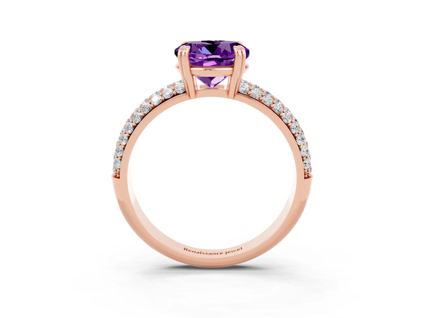 Rose gold Round Cut Amethyst Solitaire Ring with Multi-Row Round Pavé Band and Prong Setting