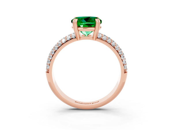 Rose gold Round Cut Emerald Solitaire Ring with Multi-Row Round Pavé Band and Prong Setting