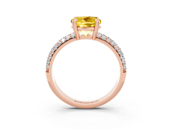 Rose gold Round Cut Yellow Sapphire Solitaire Ring with Multi-Row Round Pavé Band and Prong Setting
