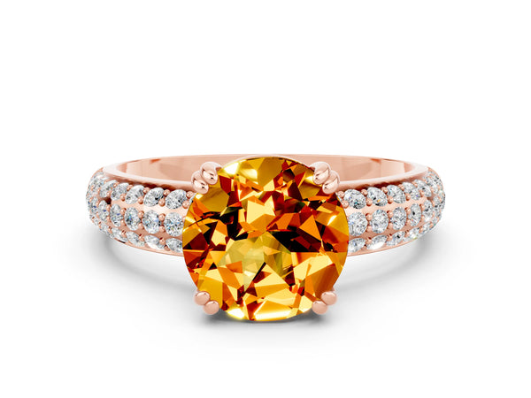 Rose gold Round Cut Citrine Solitaire Ring with Multi-Row Round Pavé Band and Prong Setting