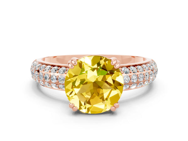 Rose gold Round Cut Yellow Sapphire Solitaire Ring with Multi-Row Round Pavé Band and Prong Setting