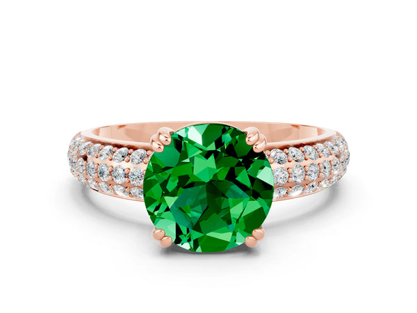 Rose gold Round Cut Emerald Solitaire Ring with Multi-Row Round Pavé Band and Prong Setting
