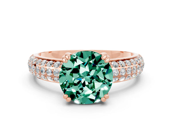 Rose gold Round Cut Green Sapphire Solitaire Ring with Multi-Row Round Pavé Band and Prong Setting
