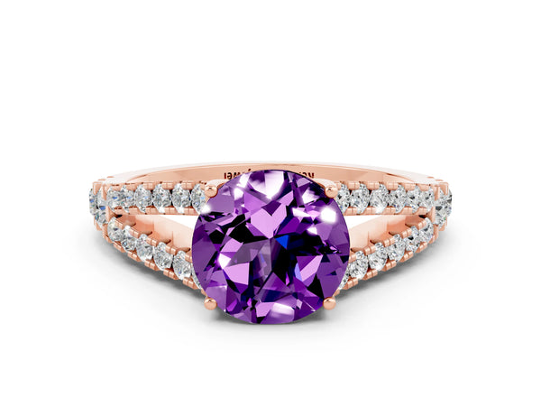 Rose gold Round Cut Amethyst Split Shank Engagement Ring with Round Pavé and Prong Setting