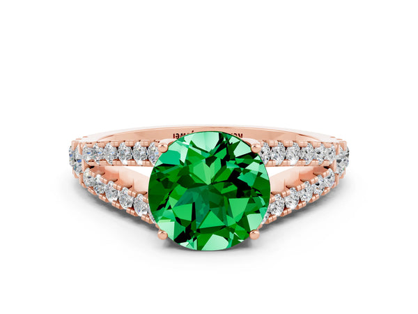 Rose gold Round Cut Emerald Split Shank Engagement Ring with Round Pavé and Prong Setting