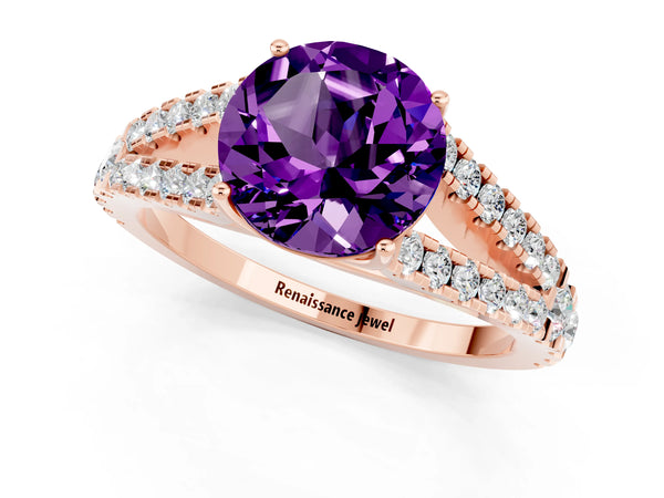 Rose gold Round Cut Amethyst Split Shank Engagement Ring with Round Pavé and Prong Setting