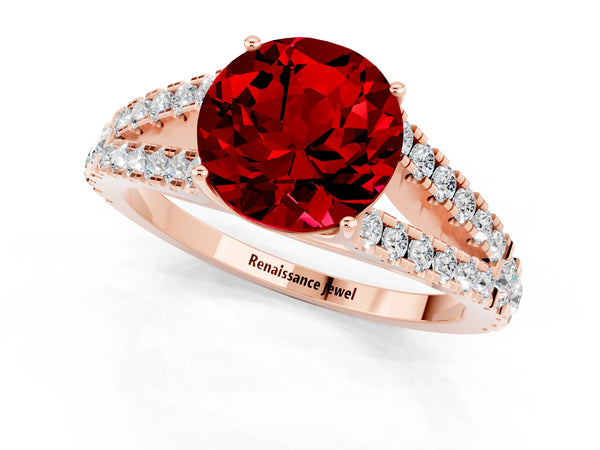 Rose gold Round Cut Ruby Split Shank Engagement Ring with Round Pavé and Prong Setting