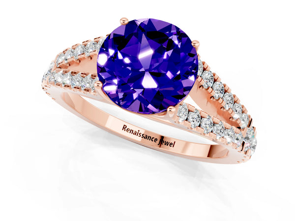 Rose gold Round Cut Tanzanite Split Shank Engagement Ring with Round Pavé and Prong Setting