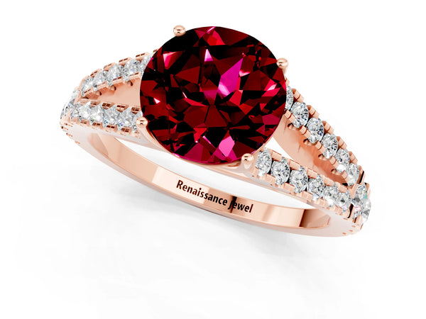 Rose gold Round Cut Garnet Split Shank Engagement Ring with Round Pavé and Prong Setting