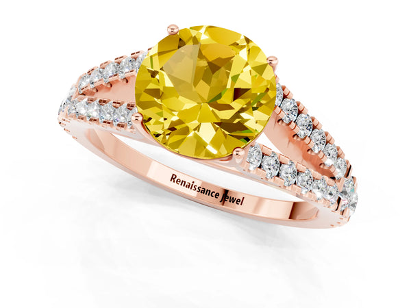 Rose gold Round Cut Yellow Sapphire Split Shank Engagement Ring with Round Pavé and Prong Setting