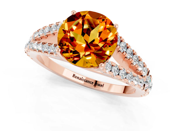 Rose gold Round Cut Citrine Split Shank Engagement Ring with Round Pavé and Prong Setting