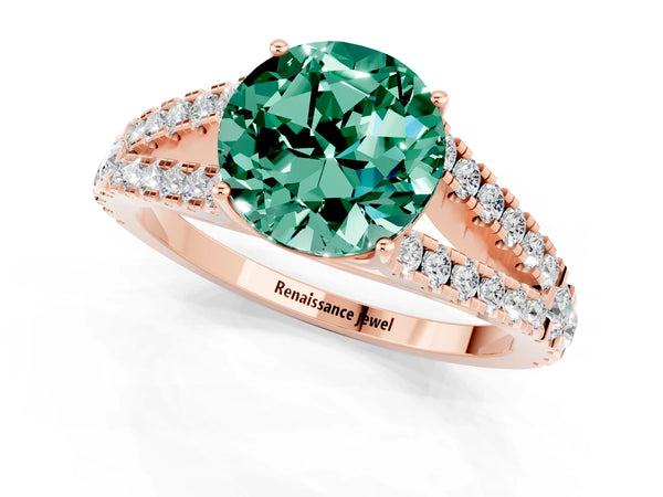 Rose gold Round Cut Green Sapphire Split Shank Engagement Ring with Round Pavé and Prong Setting