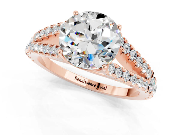 Rose gold Round Cut Moissanite Split Shank Engagement Ring with Round Pavé and Prong Setting