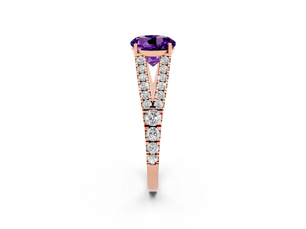 Rose gold Round Cut Amethyst Split Shank Engagement Ring with Round Pavé and Prong Setting