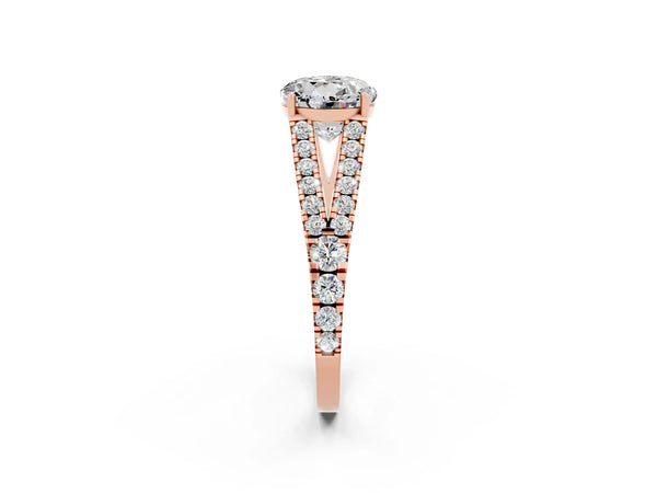 Rose gold Round Cut Moissanite Split Shank Engagement Ring with Round Pavé and Prong Setting