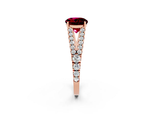 Rose gold Round Cut Garnet Split Shank Engagement Ring with Round Pavé and Prong Setting