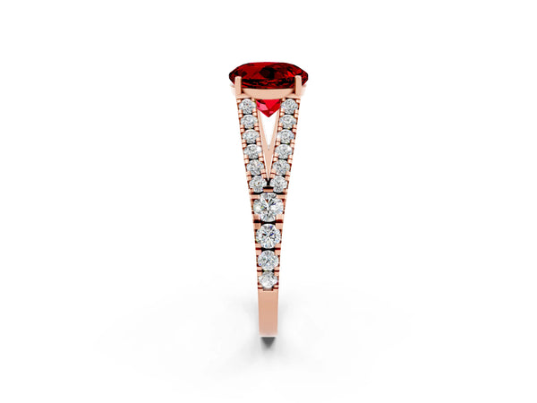 Rose gold Round Cut Ruby Split Shank Engagement Ring with Round Pavé and Prong Setting