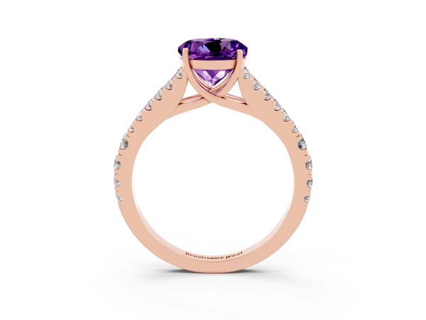 Rose gold Round Cut Amethyst Split Shank Engagement Ring with Round Pavé and Prong Setting