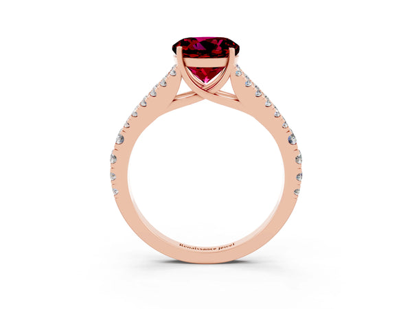 Rose gold Round Cut Garnet Split Shank Engagement Ring with Round Pavé and Prong Setting