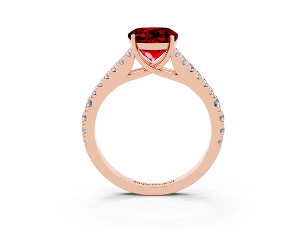 Rose gold Round Cut Ruby Split Shank Engagement Ring with Round Pavé and Prong Setting