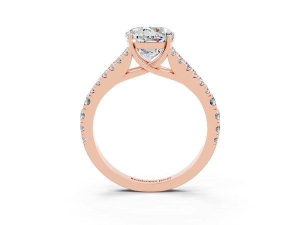 Rose gold Round Cut Moissanite Split Shank Engagement Ring with Round Pavé and Prong Setting
