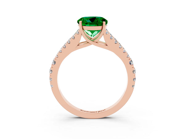 Rose gold Round Cut Emerald Split Shank Engagement Ring with Round Pavé and Prong Setting