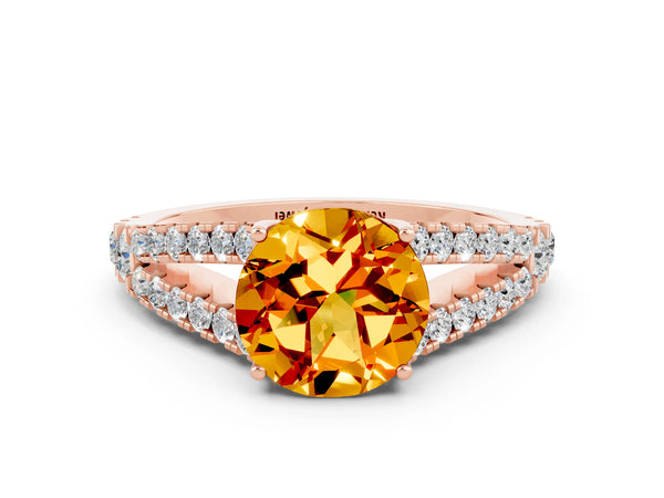 Rose gold Round Cut Citrine Split Shank Engagement Ring with Round Pavé and Prong Setting