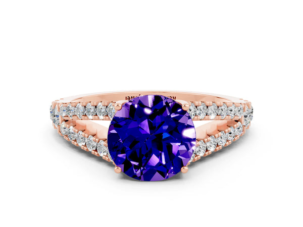 Rose gold Round Cut Tanzanite Split Shank Engagement Ring with Round Pavé and Prong Setting