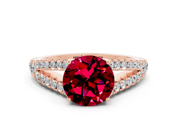 Rose gold Round Cut Garnet Split Shank Engagement Ring with Round Pavé and Prong Setting