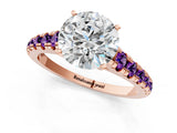 Rose gold Round Cut Diamond Cathedral Solitaire Ring with Round with Amethyst side stone Pavé Band_13