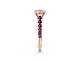 Rose gold Round Cut Diamond Cathedral Solitaire Ring with Round with Amethyst side stone Pavé Band_14