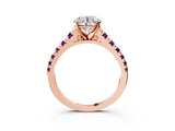 Rose gold Round Cut Diamond Cathedral Solitaire Ring with Round with Amethyst side stone Pavé Band_15
