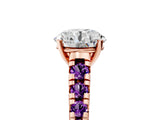 Rose gold Round Cut Diamond Cathedral Solitaire Ring with Round with Amethyst side stone Pavé Band_17