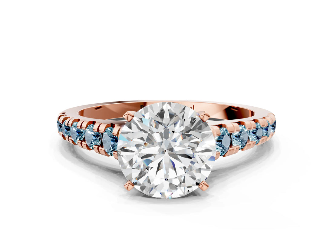 Rose gold Round Cut Diamond Cathedral Solitaire Ring with Round with Aquamarine side stone Pavé Band_12