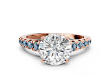 Rose gold Round Cut Diamond Cathedral Solitaire Ring with Round with Aquamarine side stone Pavé Band_12