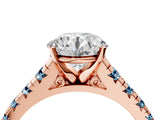 Rose gold Round Cut Diamond Cathedral Solitaire Ring with Round with Aquamarine side stone Pavé Band_16