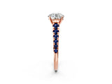 Rose gold Round Cut Diamond Cathedral Solitaire Ring with Round with Blue Sapphire side stone Pavé Band_14