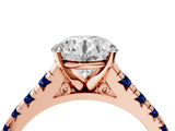Rose gold Round Cut Diamond Cathedral Solitaire Ring with Round with Blue Sapphire side stone Pavé Band_16