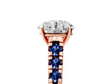 Rose gold Round Cut Diamond Cathedral Solitaire Ring with Round with Blue Sapphire side stone Pavé Band_17