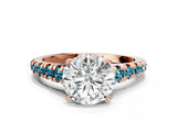 Rose gold Round Cut Diamond Cathedral Solitaire Ring with Round with Blue Topaz side stone Pavé Band