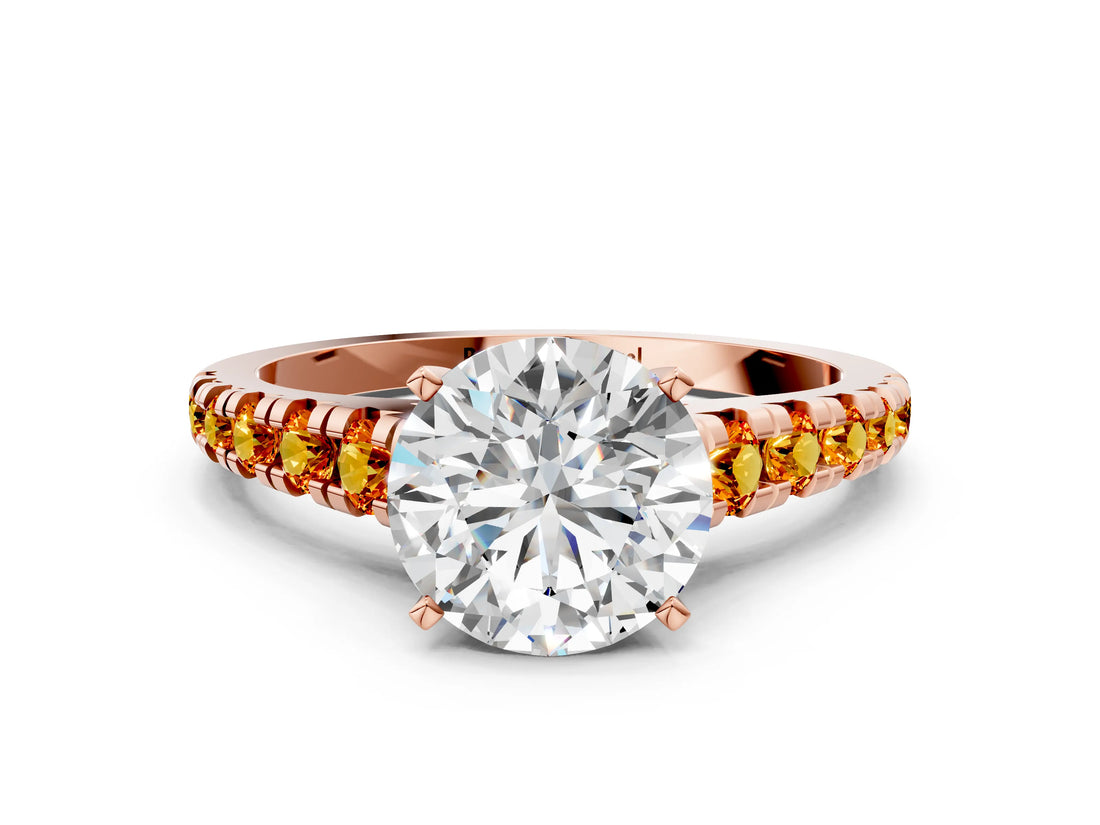 Rose gold Round Cut Diamond Cathedral Solitaire Ring with Round with Citrine side stone Pavé Band_24