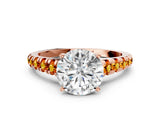 Rose gold Round Cut Diamond Cathedral Solitaire Ring with Round with Citrine side stone Pavé Band_24