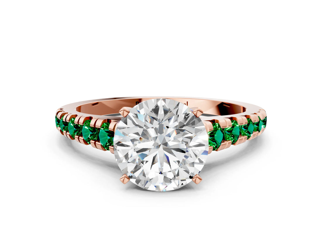Rose gold Round Cut Diamond Cathedral Solitaire Ring with Round with Emerald side stone Pavé Band