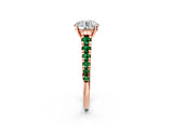 Rose gold Round Cut Diamond Cathedral Solitaire Ring with Round with Emerald side stone Pavé Band_2